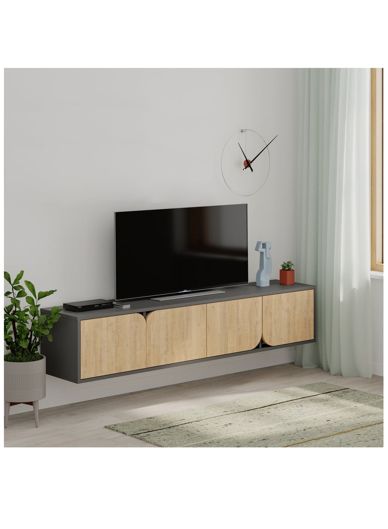 موراه خزانة تلفزيون سبارك عائمة من موراه هوم، حتى ٧٠ بوصة | وحدة تلفزيون مثبتة على الحائط بأربعة أبواب | وحدة تلفزيون | ١٨٠ × ٣٥٫٦ × ٣٥ سم | رمادي داكن - بلوط - Image 2