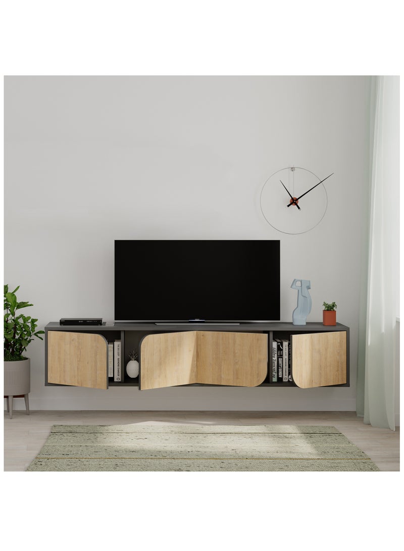 موراه خزانة تلفزيون سبارك عائمة من موراه هوم، حتى ٧٠ بوصة | وحدة تلفزيون مثبتة على الحائط بأربعة أبواب | وحدة تلفزيون | ١٨٠ × ٣٥٫٦ × ٣٥ سم | رمادي داكن - بلوط - Image 3