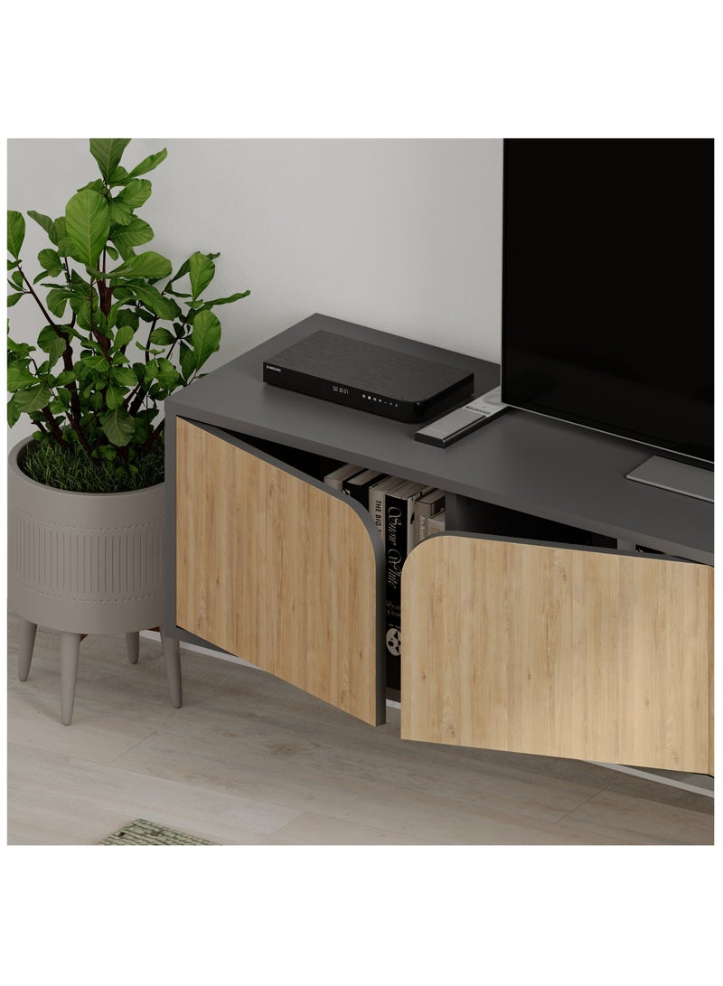 موراه خزانة تلفزيون سبارك عائمة من موراه هوم، حتى ٧٠ بوصة | وحدة تلفزيون مثبتة على الحائط بأربعة أبواب | وحدة تلفزيون | ١٨٠ × ٣٥٫٦ × ٣٥ سم | رمادي داكن - بلوط - Image 4