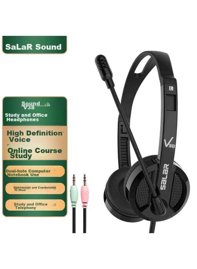 salar Shenglai V38 Computer Headphones With Microphone, 2-in Laptop Wired Headphones With Dual Plugs, Office Gaming English Online Class Noise-cancelling Microphone Headset, Black - Image 1