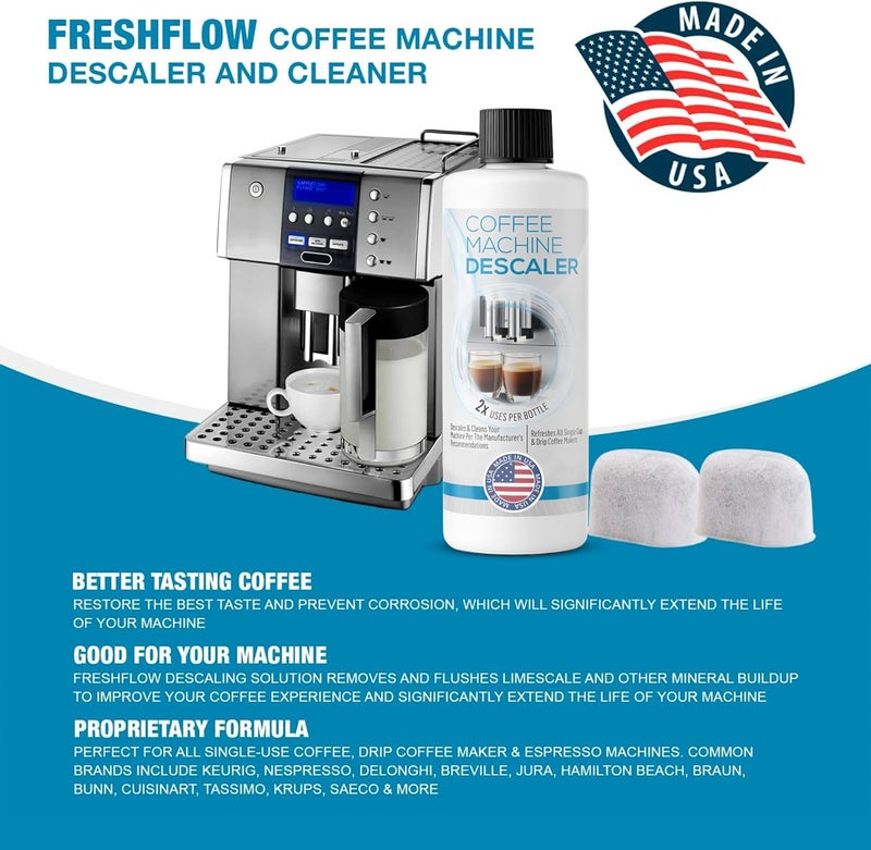 FreshFlow Keurig Compatible Descaling Solution (1 Bottle, 2 Uses Plus 2 Filters) - Universal Descaler Cleaner Concentrate Kit For All 1.0 & 2.0 K-Cup Pod Machines and Espresso Machines - Image 3