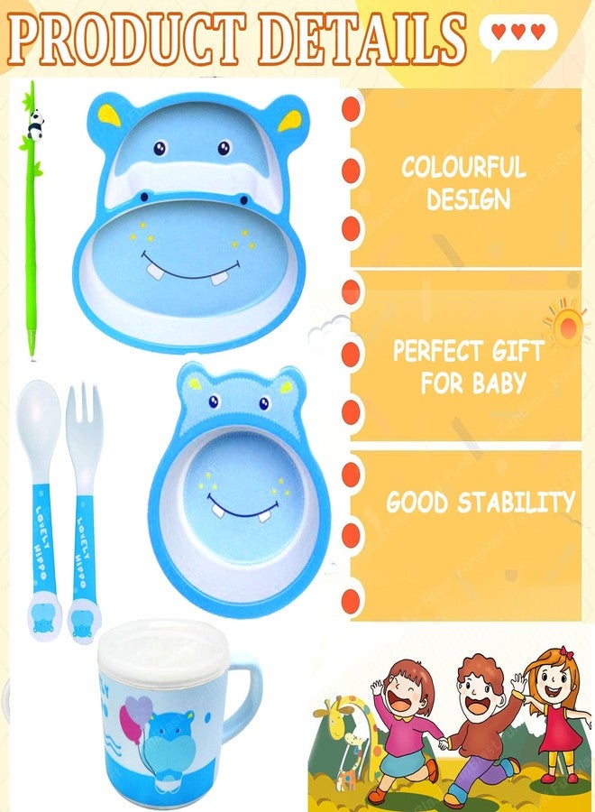 Funeiko Bamboo Fibre Dinner Set for Kids - Feeding Plates, Bowl, Spoon, Tableware (Hippo Set) - Image 3