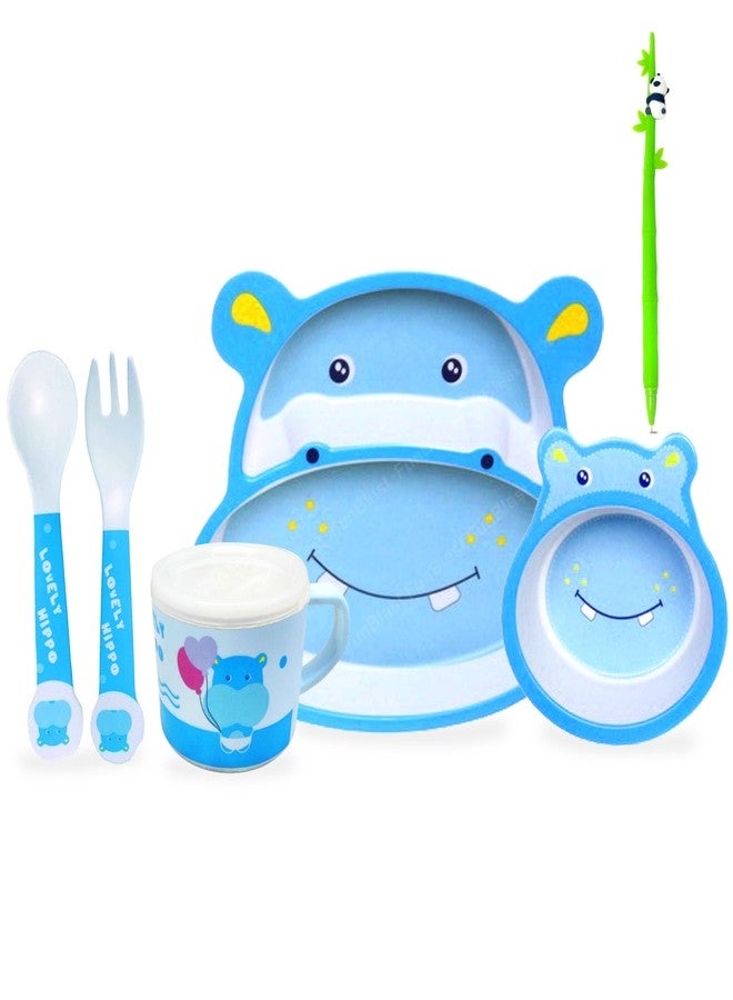 Funeiko Bamboo Fibre Dinner Set for Kids - Feeding Plates, Bowl, Spoon, Tableware (Hippo Set) - Image 1