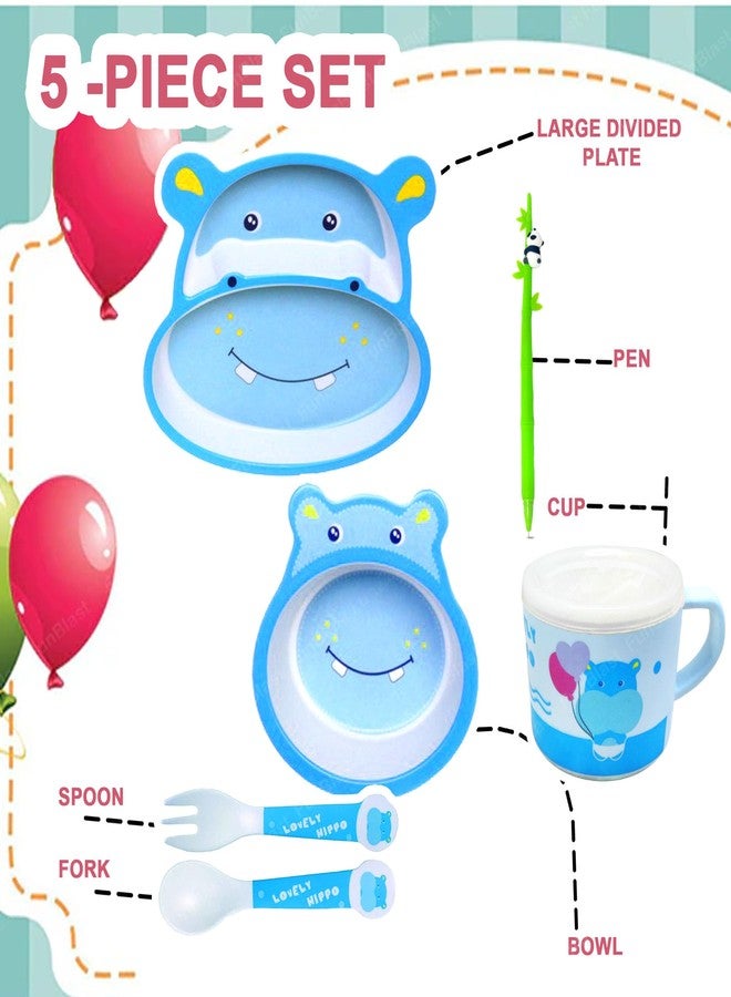 Funeiko Bamboo Fibre Dinner Set for Kids - Feeding Plates, Bowl, Spoon, Tableware (Hippo Set) - Image 5