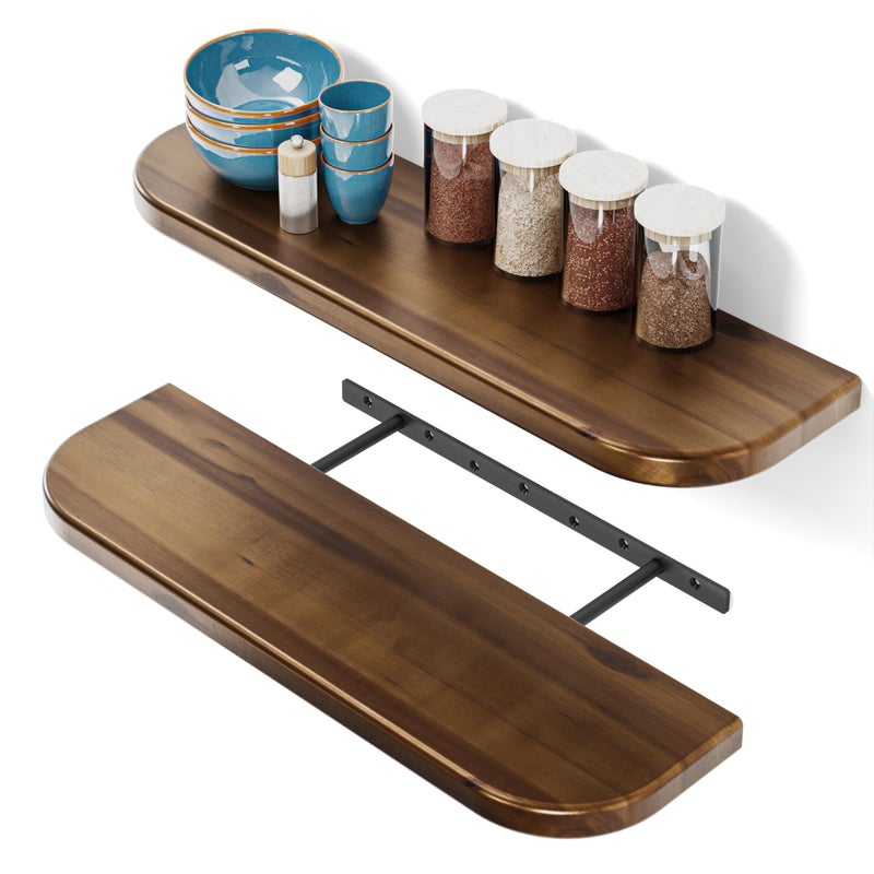BATODA Set of 2 24â€ Acacia Floating Shelves for Wall (Round Edge) - Floating Bookshelf Wall - Storage Wood Shelves for House Decor, Kitchen, Bathroom - Brackets and Hardware Included (Walnut Color) - Image 1