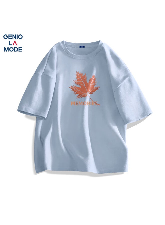 Geniolamode Men's Short Sleeve Casual Pure Cotton Summer Loose Casual All-match Round Neck T-shirt Men's Top Ice Blue 2XL - Image 1