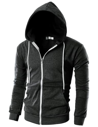 Ohoo Men's Zip Up Hoodie Lightweight Slim Fit Sweatshirt Full Zip Hooded Jacket / DCF002-CHARCOAL-M - Image 1