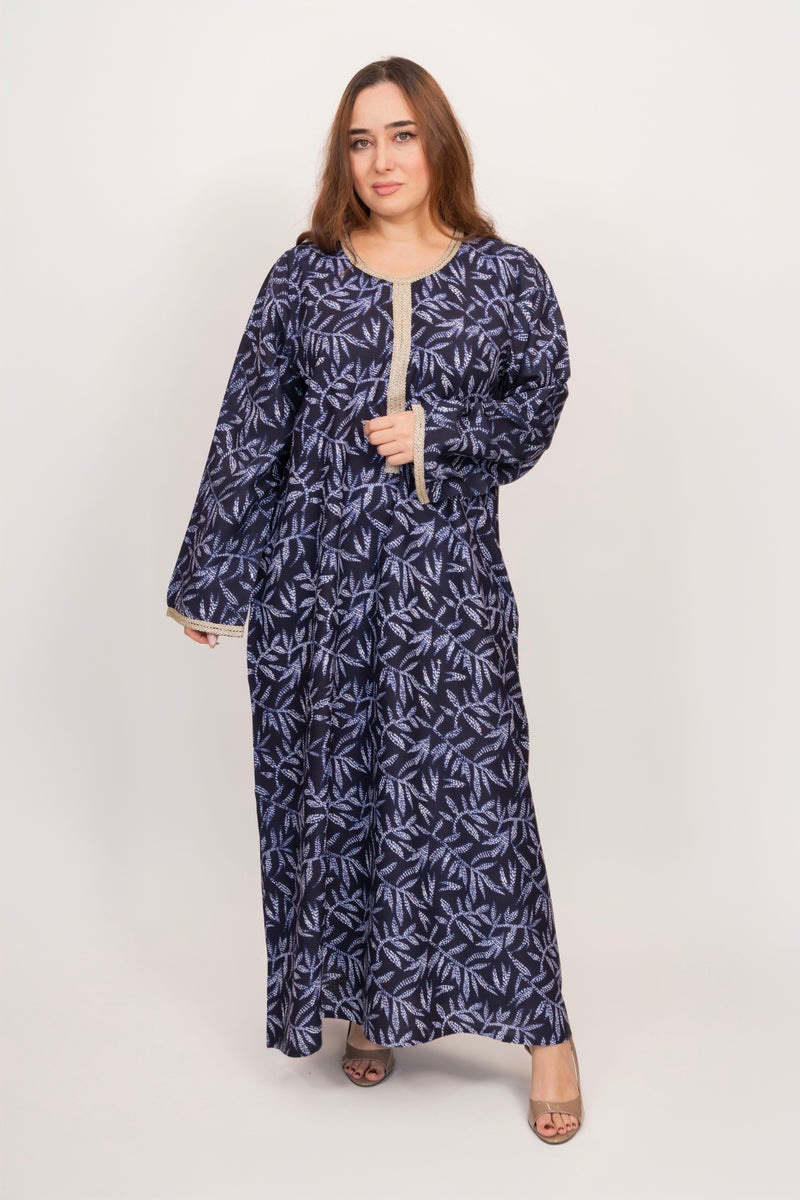 جلابية لينيل زرقاء للنساء - مطبوعة بدانتيل ذهبي على الرقبة والأكمام، فستان ماكسي محتشم مناسب للإطلالات اليومية والمناسبات