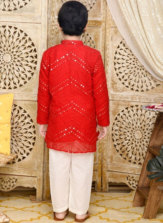 Saka Designs Red Embroidered Kurta With Pyjama For Boys - Image 4