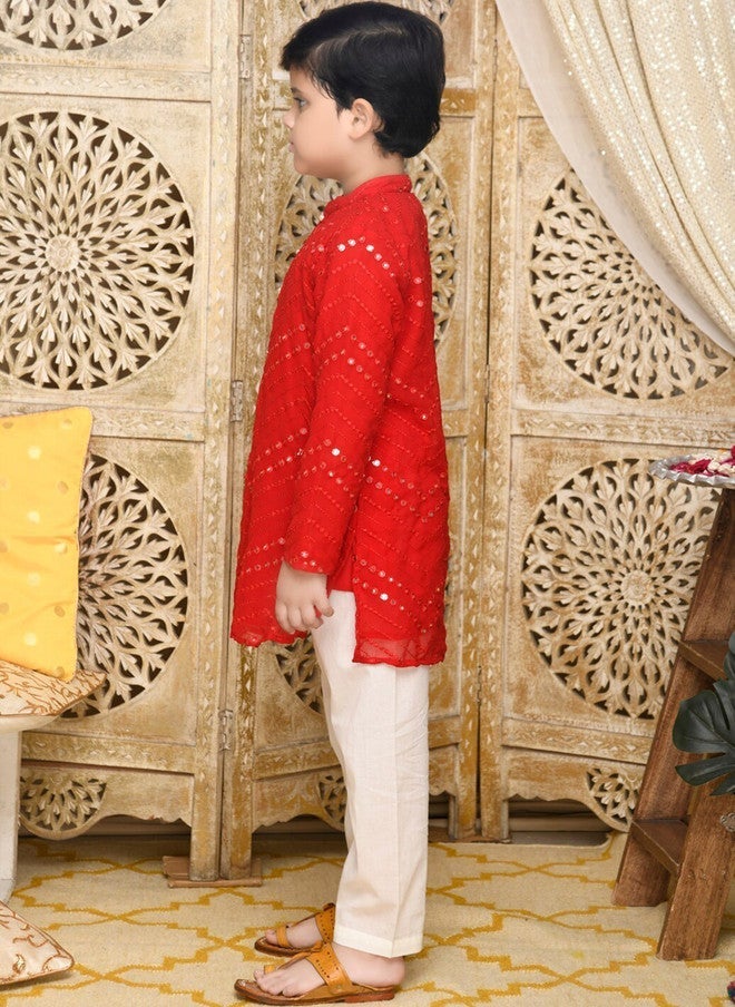 Saka Designs Red Embroidered Kurta With Pyjama For Boys - Image 5