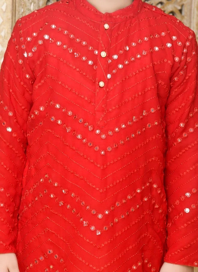 Saka Designs Red Embroidered Kurta With Pyjama For Boys