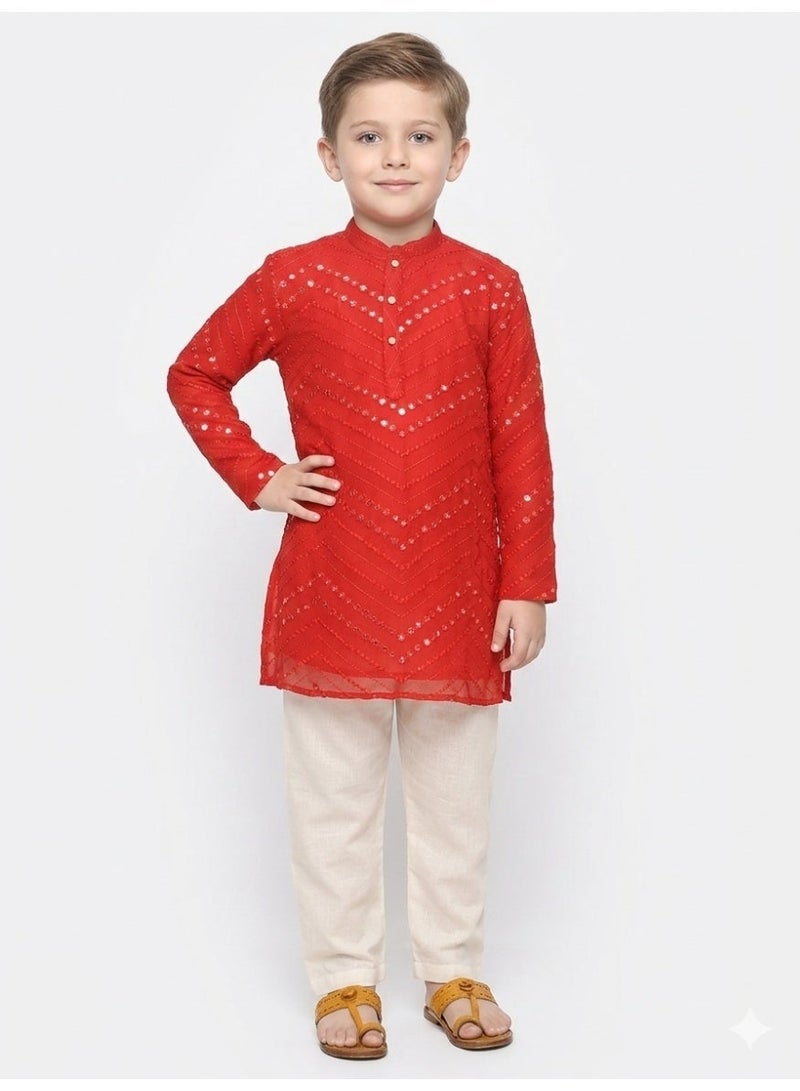 Saka Designs Red Embroidered Kurta With Pyjama For Boys - Image 1