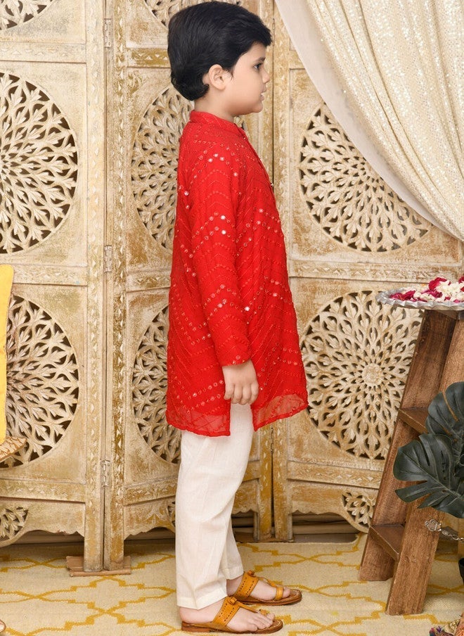 Saka Designs Red Embroidered Kurta With Pyjama For Boys - Image 3