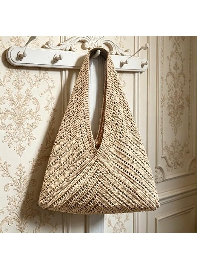 S-TOP 1pc Straw Woven Bag, Openwork Flower Large Triangle Color Blocking Knitted Bag, Underarm Tote Bag, Crossbody Bag, Handbag, Beach Vacation Bag, Versatile Single Shoulder Bag 27.0227.02 - Image 1