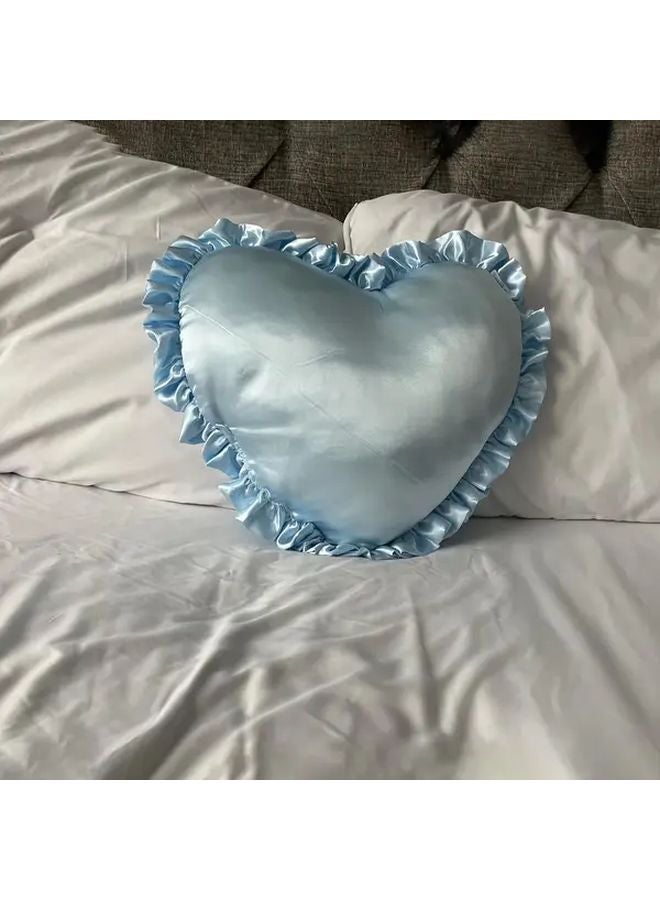 Blue Heart Shaped Satin Throw Pillow With Ruffled Edges Soft Silky Decor For Living Room Bedroom - Image 1