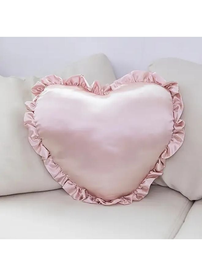 Blue Heart Shaped Satin Throw Pillow With Ruffled Edges Soft Silky Decor For Living Room Bedroom - Image 2