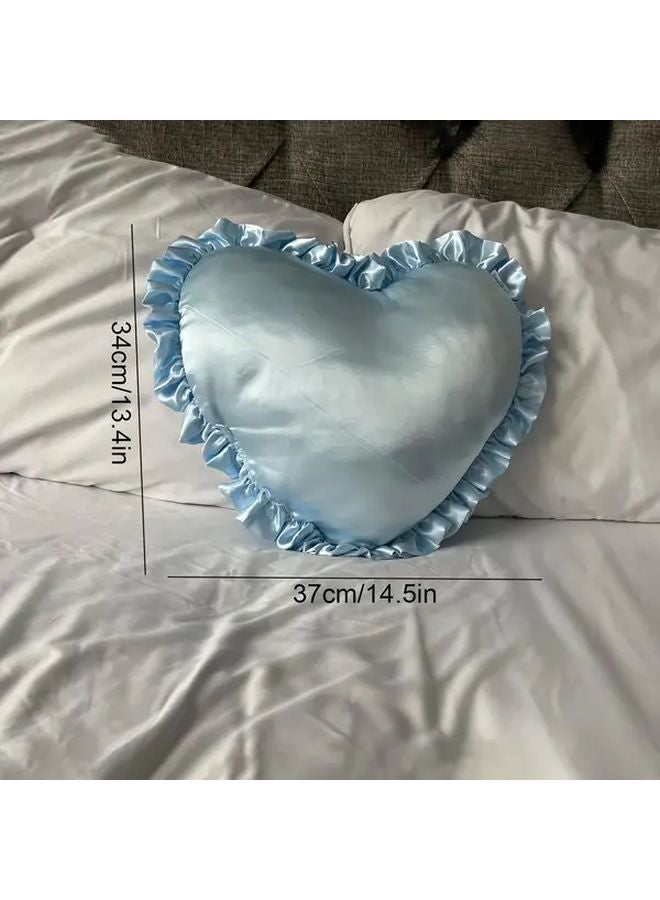 Blue Heart Shaped Satin Throw Pillow With Ruffled Edges Soft Silky Decor For Living Room Bedroom - Image 5