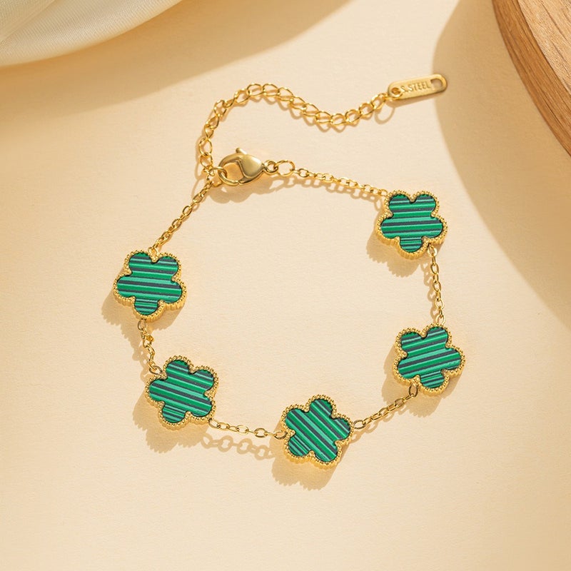 13mm Double-Sided Four-Leaf Clover and Five-Petal Flower Chain Bracelet – Gold Titanium Steel, Light Luxury Women's Jewelry