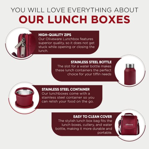 SOPL-OLIVEWARE Teso Pro Lunch Box with Steel Cutlery | 3 Microwave Safe Inner Containers with BPA Free Lids (290Ml, 450Ml, 600Ml) Plastic Pickle Box(130Ml) Steel Water Bottle(750Ml)-Maroon,600 Ml - Image 4