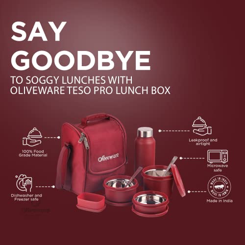 SOPL-OLIVEWARE Teso Pro Lunch Box with Steel Cutlery | 3 Microwave Safe Inner Containers with BPA Free Lids (290Ml, 450Ml, 600Ml) Plastic Pickle Box(130Ml) Steel Water Bottle(750Ml)-Maroon,600 Ml - Image 2