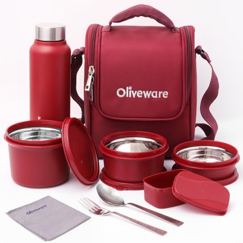 SOPL-OLIVEWARE Teso Pro Lunch Box with Steel Cutlery | 3 Microwave Safe Inner Containers with BPA Free Lids (290Ml, 450Ml, 600Ml) Plastic Pickle Box(130Ml) Steel Water Bottle(750Ml)-Maroon,600 Ml - Image 1