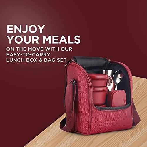 SOPL-OLIVEWARE Teso Pro Lunch Box with Steel Cutlery | 3 Microwave Safe Inner Containers with BPA Free Lids (290Ml, 450Ml, 600Ml) Plastic Pickle Box(130Ml) Steel Water Bottle(750Ml)-Maroon,600 Ml - Image 5