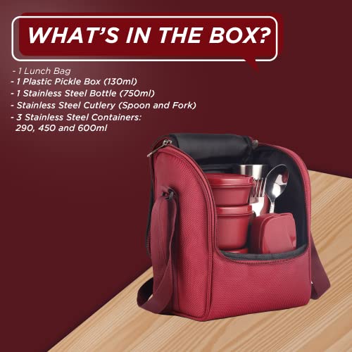 SOPL-OLIVEWARE Teso Pro Lunch Box with Steel Cutlery | 3 Microwave Safe Inner Containers with BPA Free Lids (290Ml, 450Ml, 600Ml) Plastic Pickle Box(130Ml) Steel Water Bottle(750Ml)-Maroon,600 Ml - Image 3