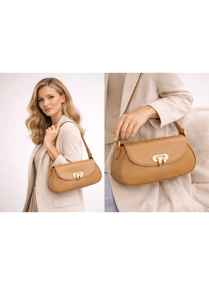 David Jones Camel David jones leather shoulder bag in cm7484-1- Flap dual wear casual style bag- French design chic bag for all styles for Women | Best Price UAE