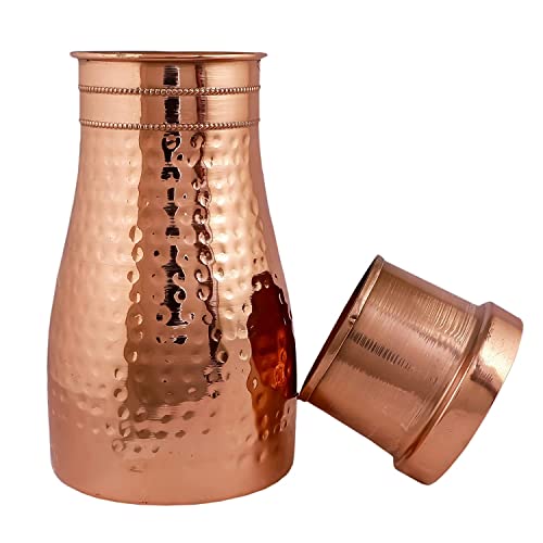 KC Pure Copper Designer Copper Water Bottle | Pitchers | Water Jug | Bedroom Jar | Bedside Bottle Carafes with Tumbler/Glass with Lid 1250 ML (Hammered) - Image 2