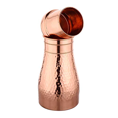 KC Pure Copper Designer Copper Water Bottle | Pitchers | Water Jug | Bedroom Jar | Bedside Bottle Carafes with Tumbler/Glass with Lid 1250 ML (Hammered) - Image 5