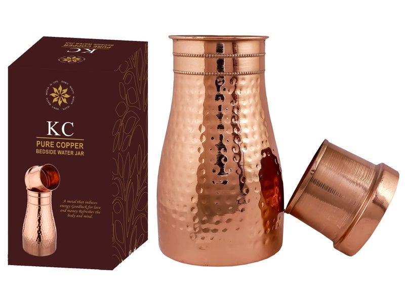 KC Pure Copper Designer Copper Water Bottle | Pitchers | Water Jug | Bedroom Jar | Bedside Bottle Carafes with Tumbler/Glass with Lid 1250 ML (Hammered) - Image 1