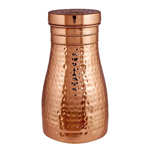 KC Pure Copper Designer Copper Water Bottle | Pitchers | Water Jug | Bedroom Jar | Bedside Bottle Carafes with Tumbler/Glass with Lid 1250 ML (Hammered) - Image 3