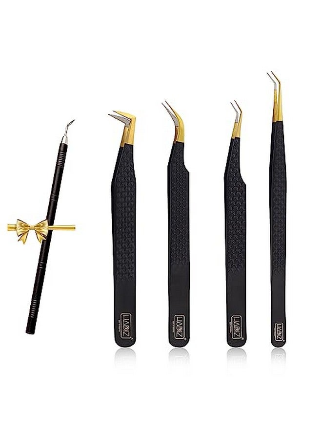 HADIZ Adiz Set Of 4 Fiber Tip Diamond Grip Eyelash Extensions Tweezers Japanese Stainless Steel Lash Tweezer (Black) - Image 1