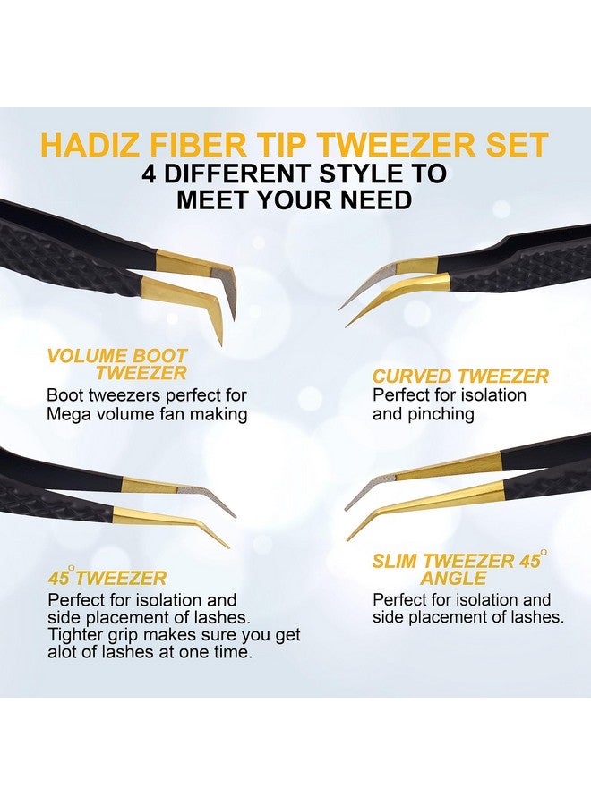 HADIZ Adiz Set Of 4 Fiber Tip Diamond Grip Eyelash Extensions Tweezers Japanese Stainless Steel Lash Tweezer (Black) - Image 4