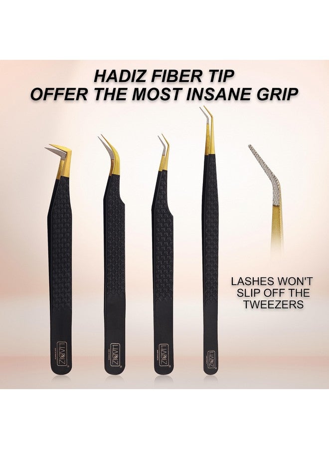 HADIZ Adiz Set Of 4 Fiber Tip Diamond Grip Eyelash Extensions Tweezers Japanese Stainless Steel Lash Tweezer (Black) - Image 3