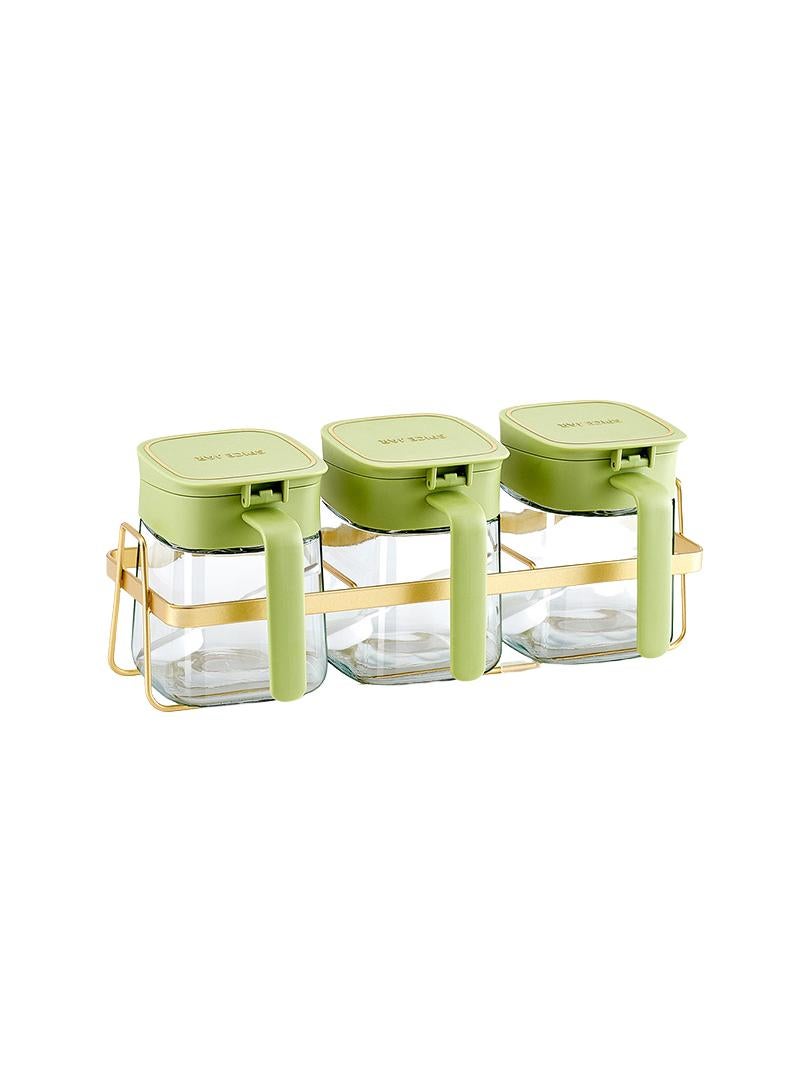 Bluejw Seasoning Jar Organizer Condiment Jar Spice Container Kit With Rack And Spoons, 3Pc Clear Glass Kitchen Spice Pots, Salt Pepper Sugar Storage, Container Condiment Jars Seasoning Box - Image 1
