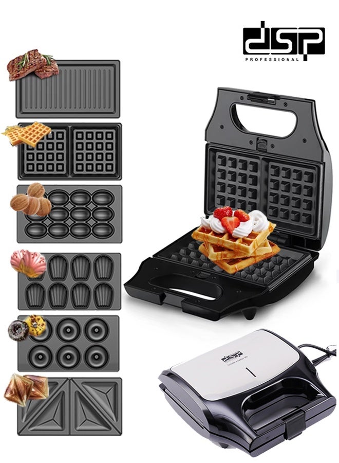 DSP 6 in 1 Multi Snacks Maker,Waffle Maker,Sandwich Maker,Panini Press,Donut Maker,Walnut Maker,Madeilne Cake,With Removable Non-stick Plates,Automatic Temperature Adjustment & Indicator Lights,800 KC1238 - Image 1