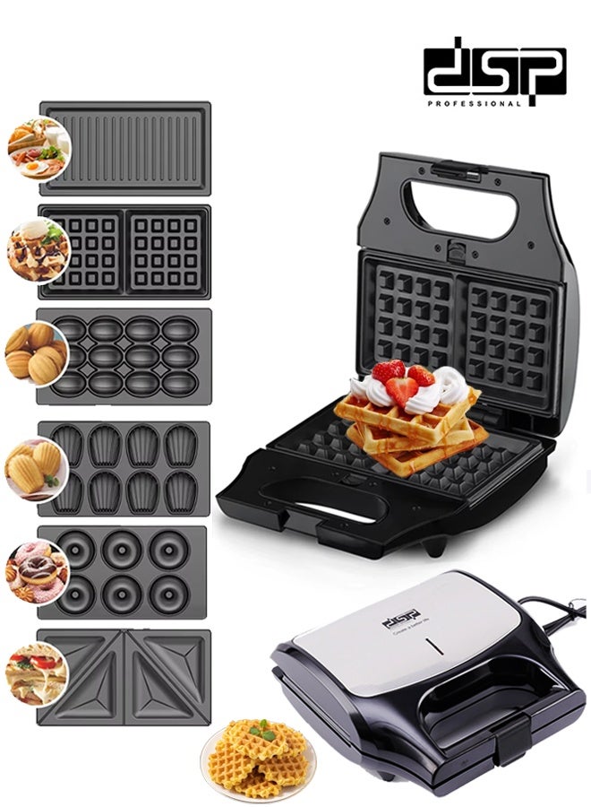 DSP 6 in 1 Multi Snacks Maker,Waffle Maker,Sandwich Maker,Panini Press,Donut Maker,Walnut Maker,Madeilne Cake,With Removable Non-stick Plates,Automatic Temperature Adjustment & Indicator Lights,800 KC1238 - Image 1