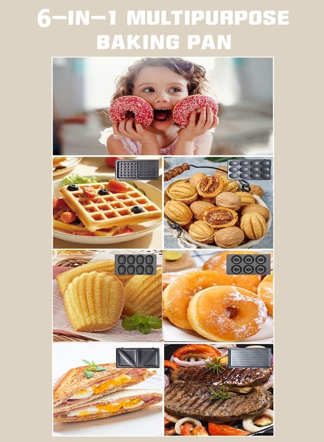 DSP 6 in 1 Multi Snacks Maker,Waffle Maker,Sandwich Maker,Panini Press,Donut Maker,Walnut Maker,Madeilne Cake,With Removable Non-stick Plates,Automatic Temperature Adjustment & Indicator Lights,800 KC1238 - Image 3