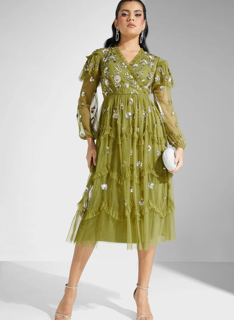 Frock and Frill V-Neck Floral Embellished Dress