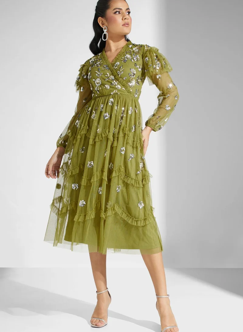 Frock and Frill V-Neck Floral Embellished Dress
