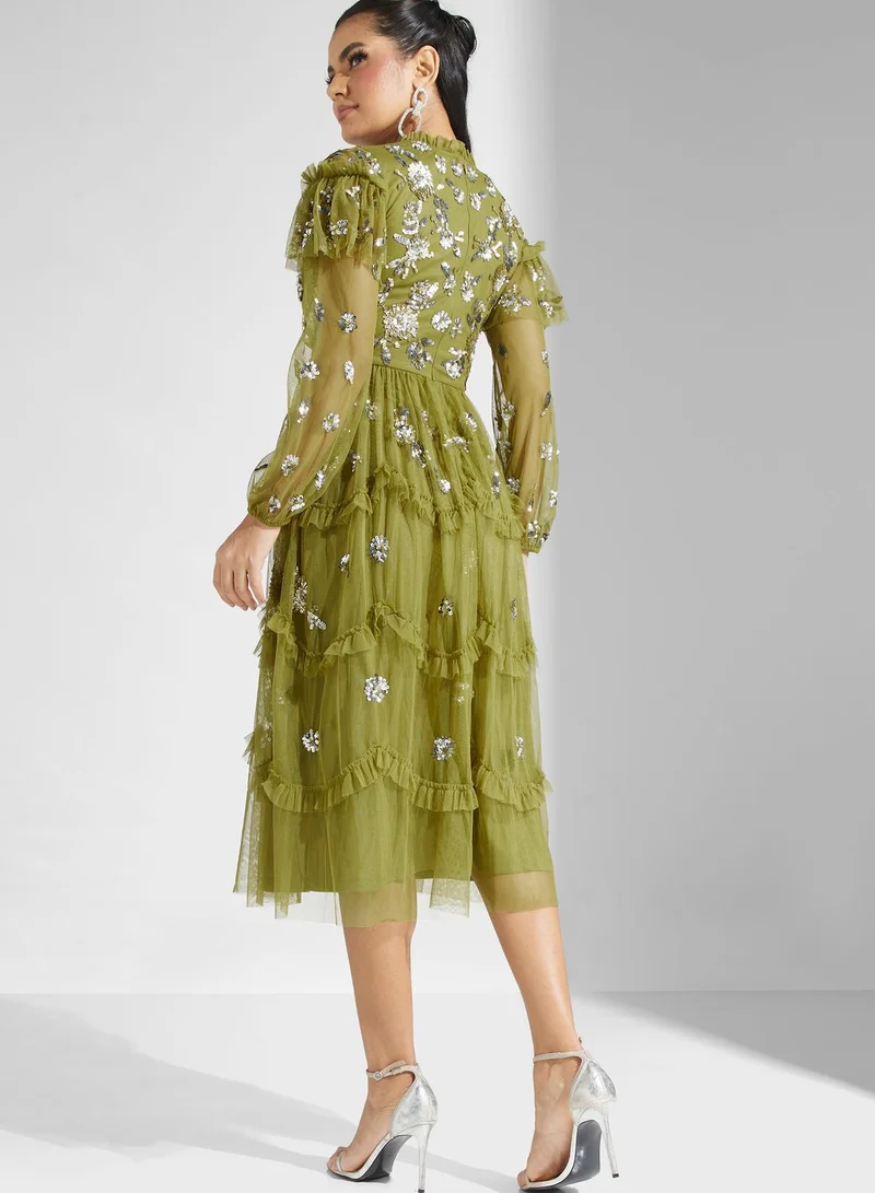 Frock and Frill V-Neck Floral Embellished Dress