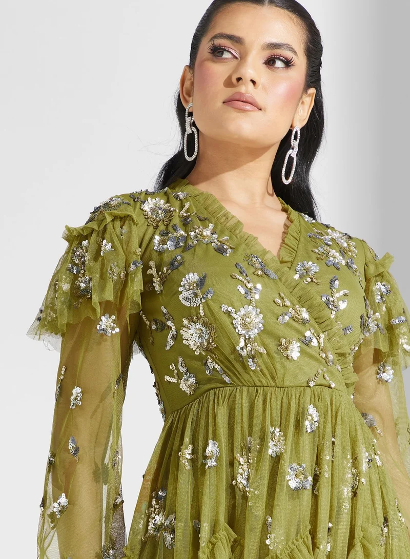 Frock and Frill V-Neck Floral Embellished Dress