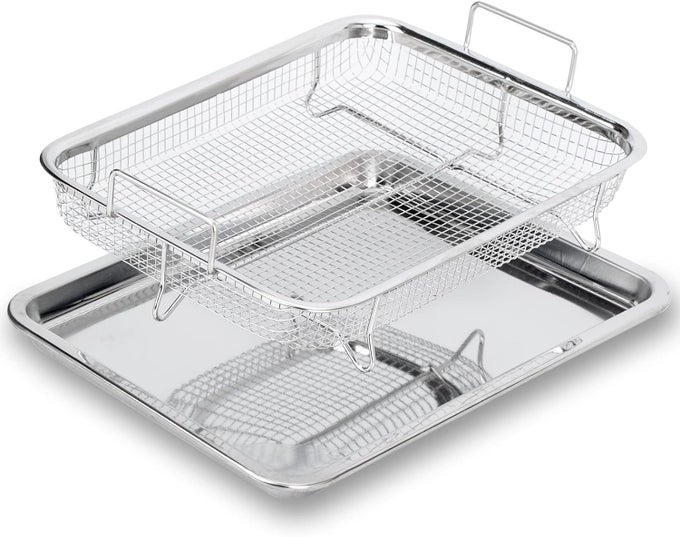 AIR FRY BASKET WITH TRAY STAINLESS STEEL FRYER OVEN ACCESSORIES BAKING CRISPY CHICKEN PAN NON STICK GRILL RECTANGLE FRENCH FRIES