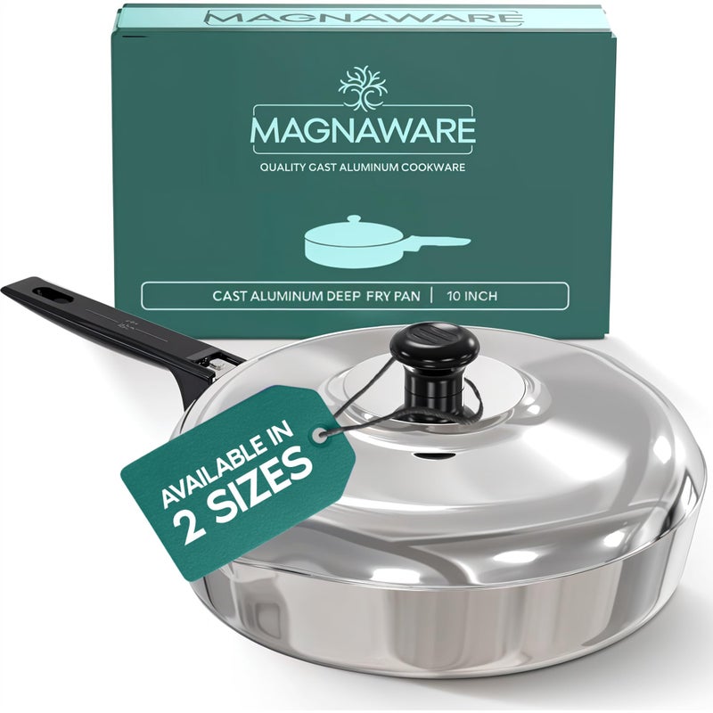 MAGNAWARE Cast Aluminum Saut Pan with Lid 10 inch Oven Safe Deep Frying Pan with Lid Two Side Spouts and Ergonomic StayCool Handle for Comfortable Grip and Pouring 3 Quart