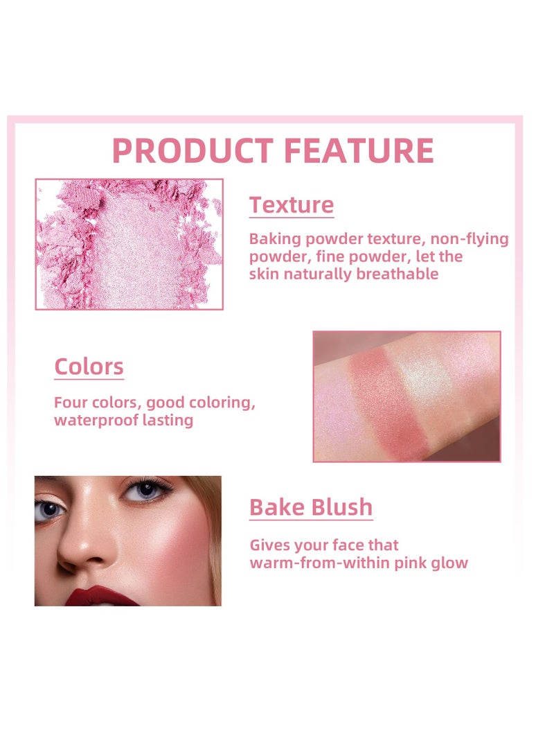 Pink Baked Blush Palette for Cheeks - 4 Shimmering Shades for a Natural Glow, Lightweight Matte Cream Powder, Easy to Blend Blusher, Contour, and Highlighter for Lasting Finish. - Image 3