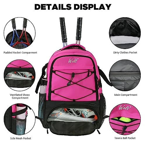 WOLT Tennis Bag - Large Tennis Racket Backpack for Men & Women - Ventilated Shoe Compartment - Holds 2 Rackets- Pink - Image 4