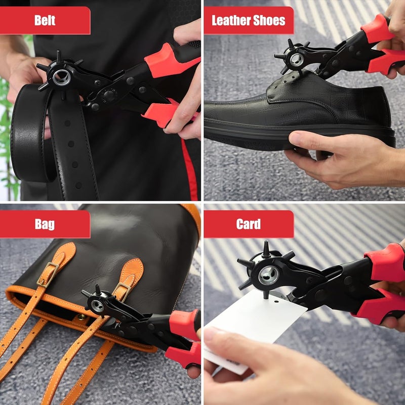 Diyife ® Leather Hole Puncher, Full Set Punch Tool Kits for Belt, Watch Band, Shoe, Crafting, Handbag Straps, Fabric, with Extra Punch Plates and Ruler, Multi Hole Sizes Make, Red - Image 4