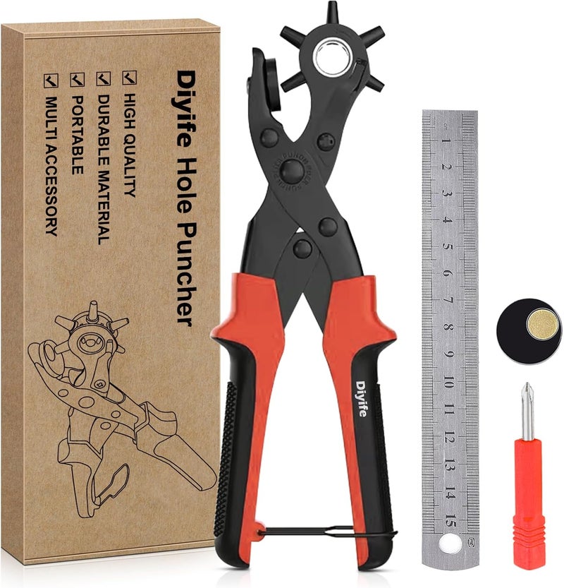 Diyife ® Leather Hole Puncher, Full Set Punch Tool Kits for Belt, Watch Band, Shoe, Crafting, Handbag Straps, Fabric, with Extra Punch Plates and Ruler, Multi Hole Sizes Make, Red - Image 1