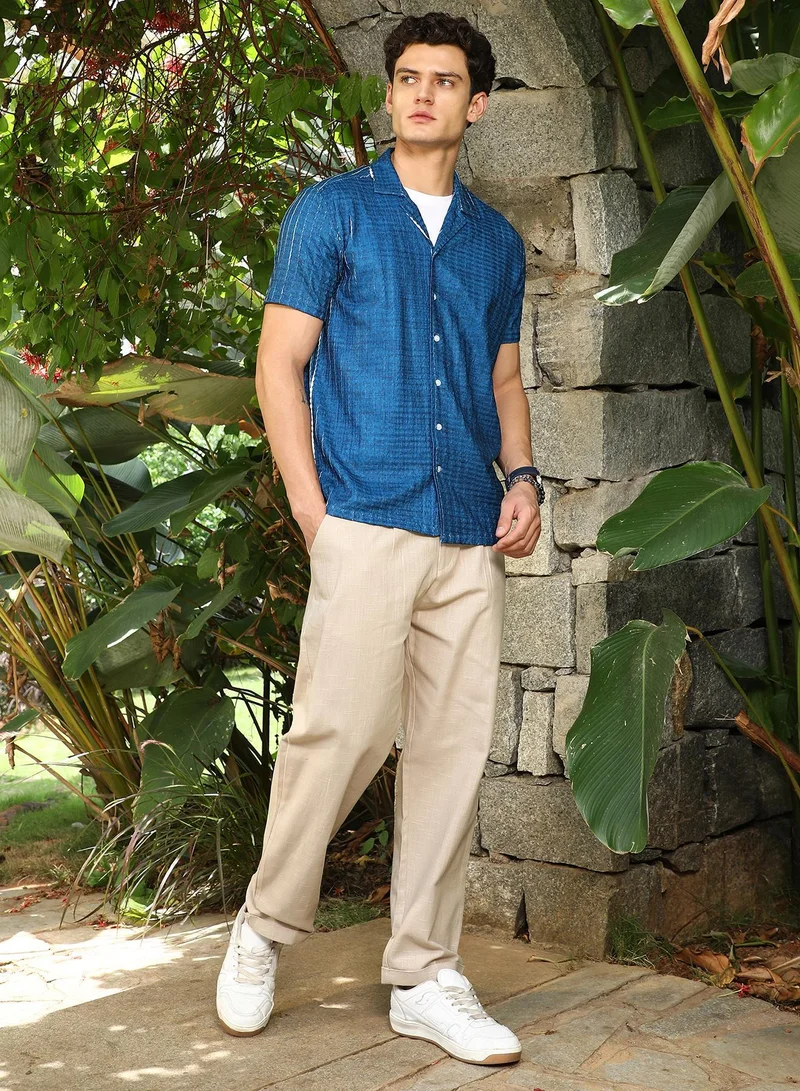 CAHOOT  Men's Electric Blue Dye-Textured Cuban Oversized Shirt for Men | Best Price UAE
